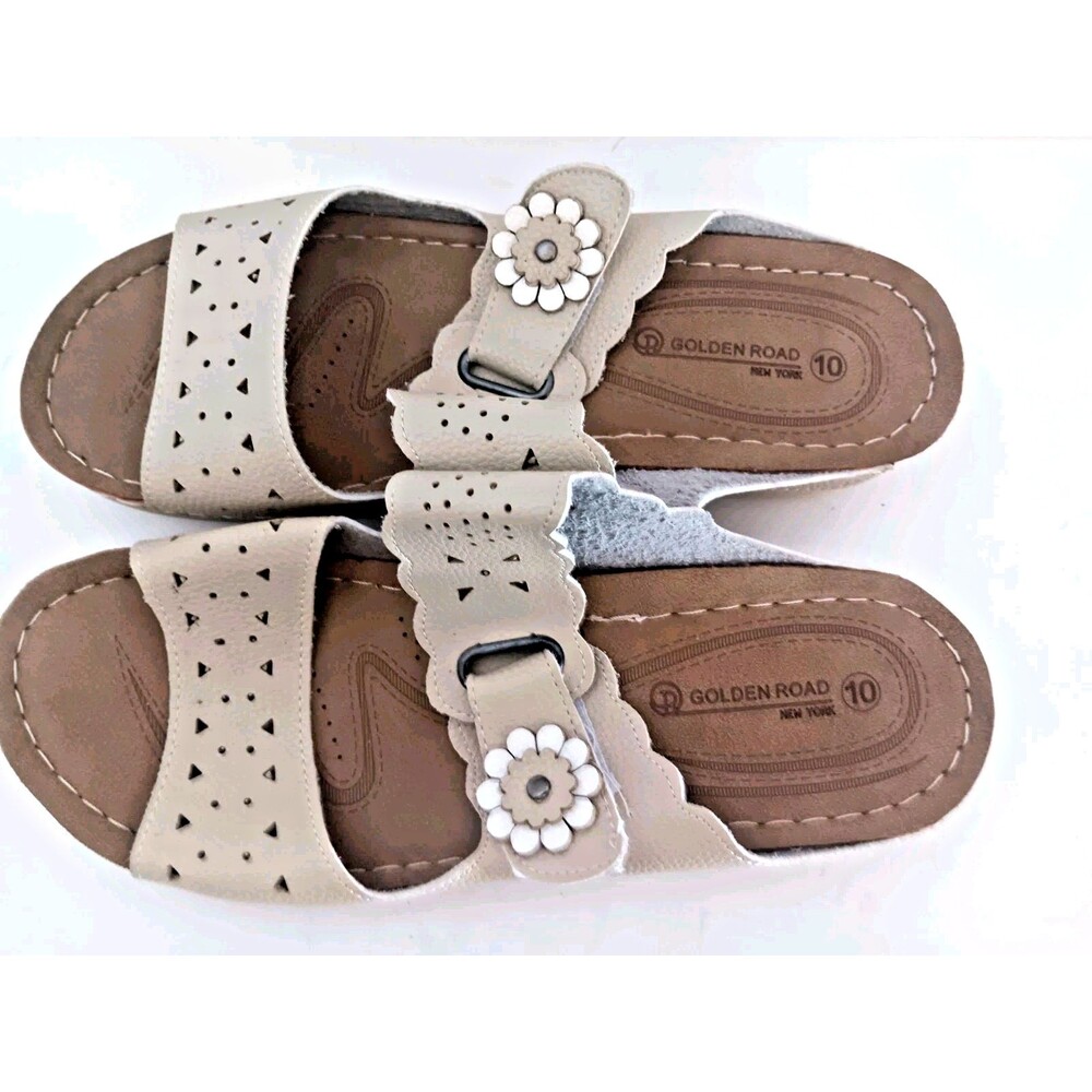 Golden Road NY Sandals Slip on Sz 10 Tan Comfort Adjustable Strap Leather